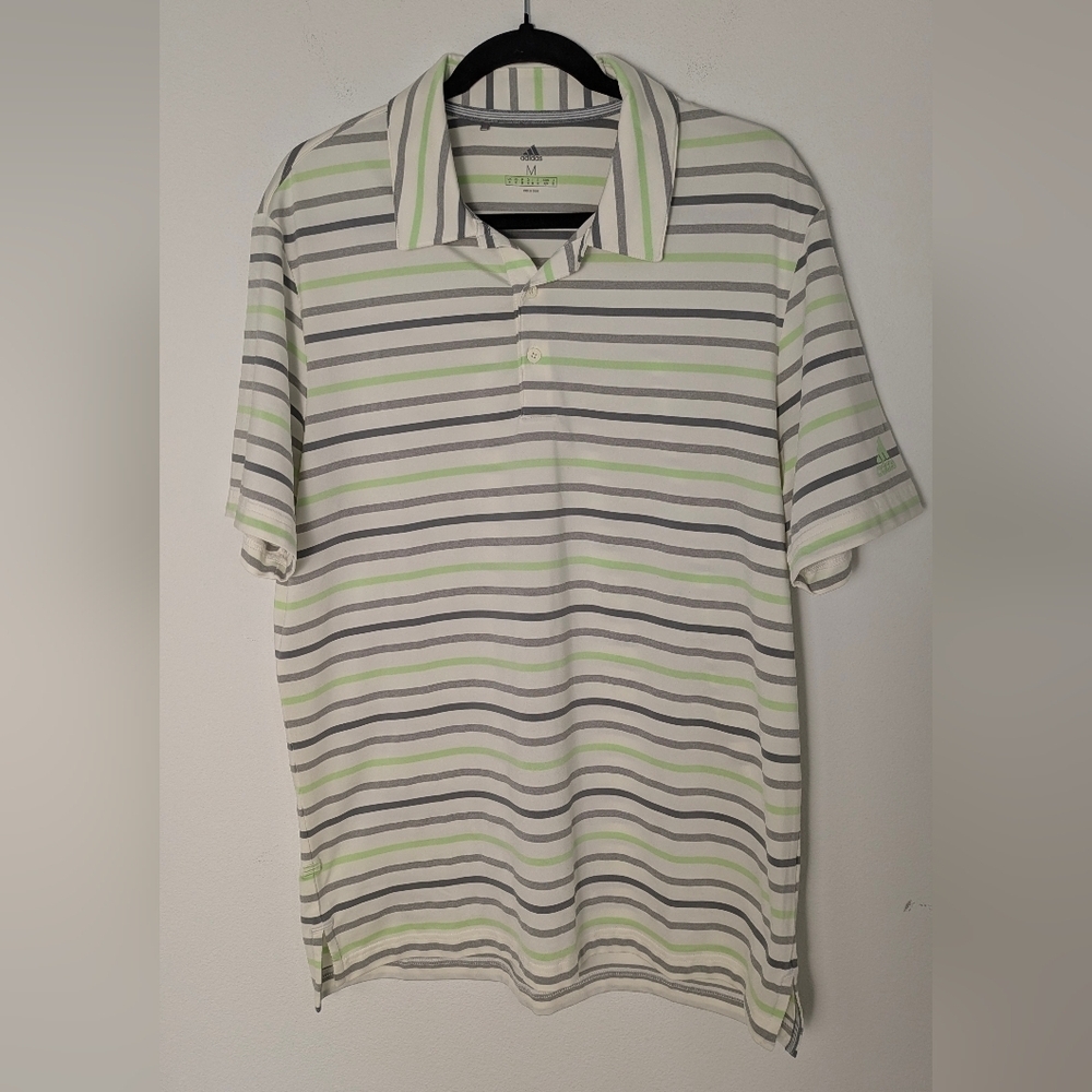 Adidas Golf Polo Shirt Mens Medium Casual White Green Striped Short Sleeve EUC